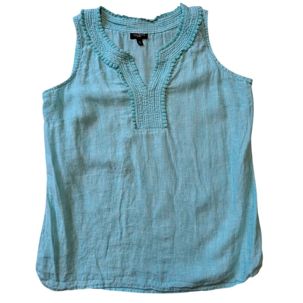 Talbots Split V-Neck Linen Tank Top Womens Small Petite Aqua Blue Pom Pom Trim